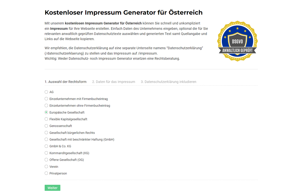 Impressum erstellen: Wie Sie in Österreich rechtlich auf der sicheren Seite stehen Screenshot eines Impressum-Generators
