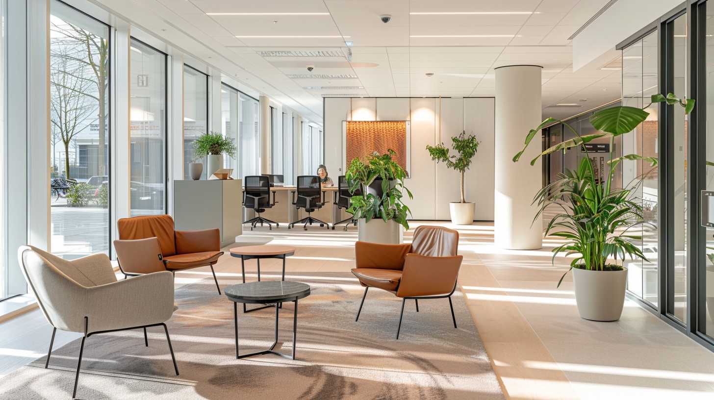 Modernes, großes und lichtdurchflutetes Büro mit Pflanzen und Sitzecke.