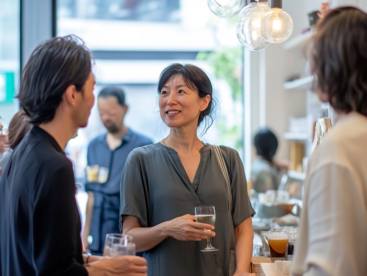 Mehrere Menschen in einer Bar beim Networking, Frau mit zusammengebundeneschwarzen Haaren mit einem Glas Wein im Mittelpunkt.